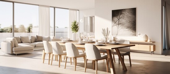 A spacious living room in a modern open plan apartment is filled with stylish furniture, including a comfortable sofa, coffee table, and dining set.