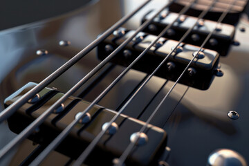 Close up of a black 5-string bass guitar.