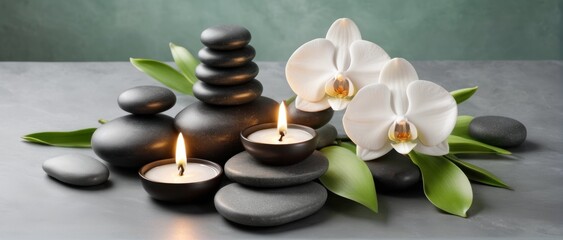 Zen stones, candles, and white orchid on green-grey background.