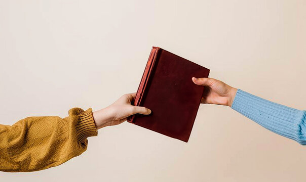 hand of man or woman gives book to friend. Books swap, exchange or crossing.