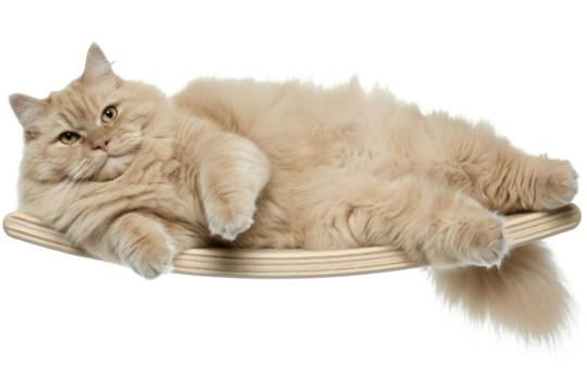 Relaxed Cream-Colored Persian Cat Lounging on a Wooden Surface, Depicting Coziness and Pet Comfort.