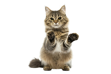 Obraz premium Fluffy Tabby Cat Standing on Hind Legs, Showing Playful Behavior and Curiosity.
