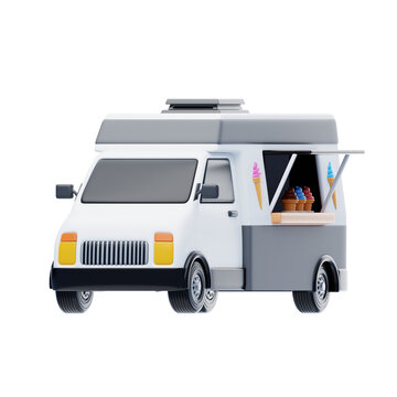 3D Ice Cream Truck Model Sweet Mobile Treats. 3d illustration, 3d element, 3d rendering. 3d visualization isolated on a transparent background