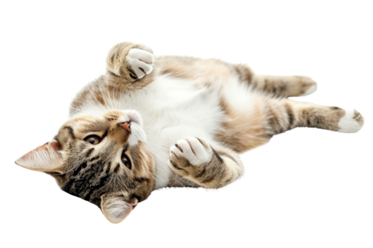 Adorable Tabby Cat Playfully Lying on Its Back, Exemplifying Playfulness and Pet Comfort.