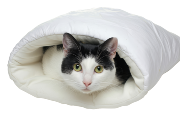 Black and White Cat Peeking Out from Cozy Blanket, Capturing the Theme of Comfort and Pet Relaxation.