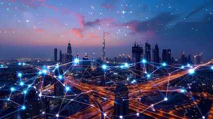 a digital network hub in the Middle East with data flowing through various interconnected nodes."