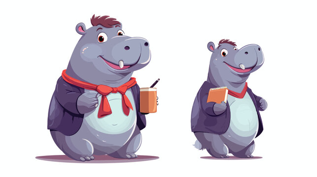 Cute hippo mascot with school student.