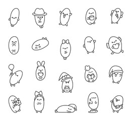 Funny bread characters. Coloring Page. Cute tasty bakery pastries, cartoon happy faces. Hand drawn style. Vector drawing. Collection of design elements.