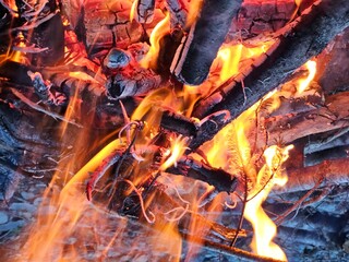 Fototapeta premium Flames from wood fire in the campground in a fire pit made from rocks in the forests of Washington State