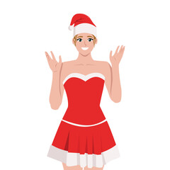 Happy woman dressed as Santa Claus smiling. Flat vector illustration isolated on white background