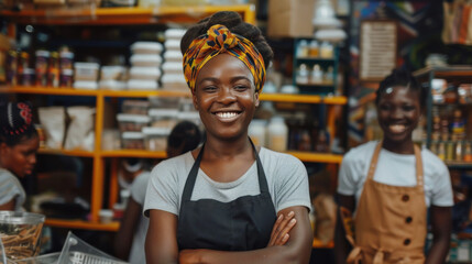 African shop, seller, retail store, home office, small SME owner, young people, Gen Z people, happy people, smiling proudly, looking at camera