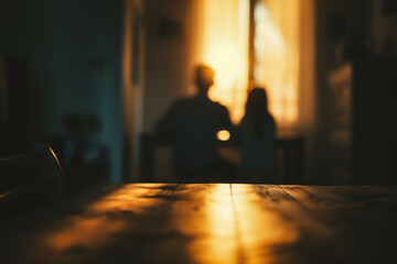 Silhouette of a man and child sitting at a table - obrazy, fototapety, plakaty