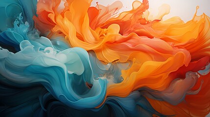 Neon orange and ethereal teal liquids colliding with explosive force, forming a mesmerizing and intense abstract composition - obrazy, fototapety, plakaty