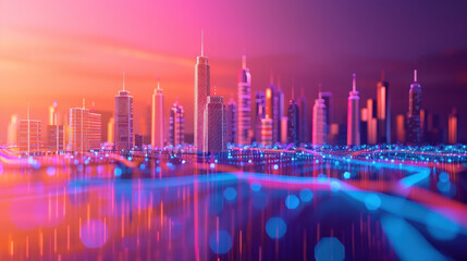 Smart city and abstract dots connected with gradient lines and complex wavy line design. technology concept