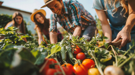 Group of farmers working in a vegetable garden