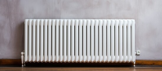 A detailed shot of a white heating radiator placed on a wooden floor in an apartment. The radiator stands out against the warm tones of the floor, creating a simple yet functional aesthetic.