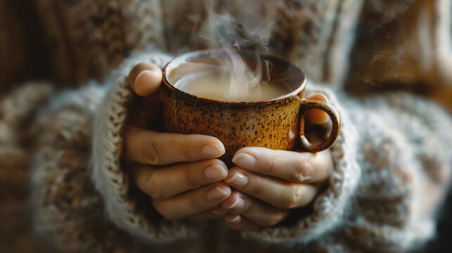 Woman in warm sweater holding cup of coffee in hands, close up