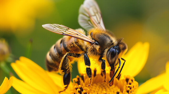 Bee on yellow flower in nature. Macro shot