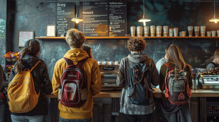 Young people line up to buy coffee at a popular shop - obrazy, fototapety, plakaty