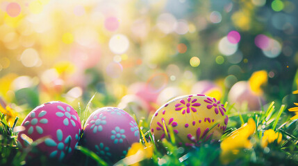 Easter egg in the grass with bokeh background. Happy Easter!