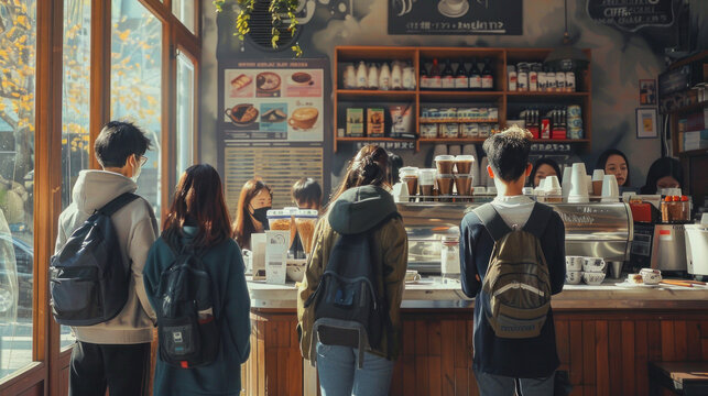 Young people line up to buy coffee at a popular shop