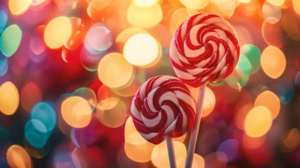 Foto op Plexiglas Colorful candies on bokeh background, close-up © Jioo7