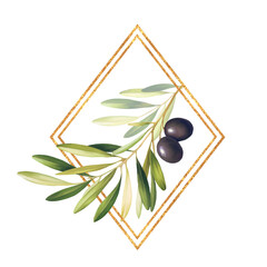 Olive branch. Hand drawn illustration with gold frame. - 754096725