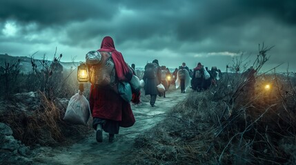 Refugees walking with their belongings on the road - obrazy, fototapety, plakaty