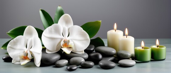 Fototapeta na wymiar Zen stones, candles, and white orchid on green-grey background.