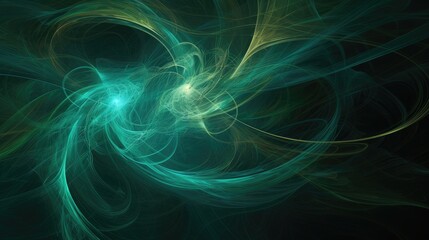 A digital abstract artwork featuring swirling lines and shapes in shades of green and turquoise against a dark background.