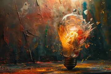 A depiction of thick, oil paint textures bursting out of a shattering light bulb, emphasizing...