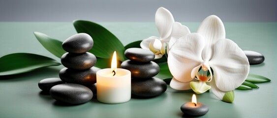 Obraz na płótnie Canvas Zen stones, candles, and white orchid on green-grey background.