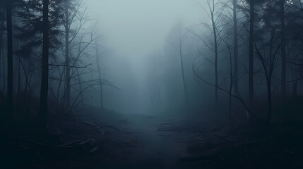 Mysterious dark woods and misty paths, perfect for a Halloween scene - obrazy, fototapety, plakaty