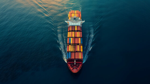 Cargo ship full of standard shipping containers at the sea during shipping at day time. Neural network generated image. Not based on any actual scene or pattern.