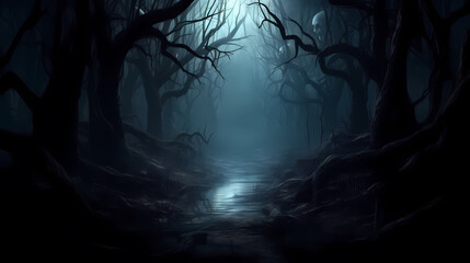 Mysterious dark woods and misty paths, perfect for a Halloween scene