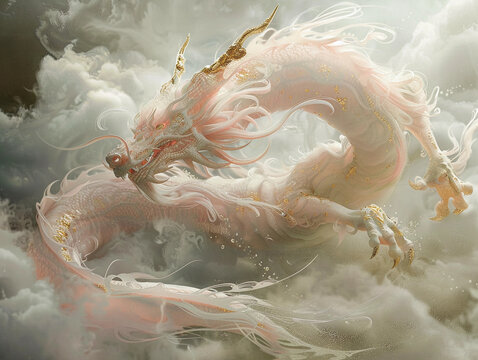 Translucent young pale pink dragon picture desktop wallpaper, white clouds cascading around, gold dust tentacles, gold dust whiskers, ultra-realistic animal style 