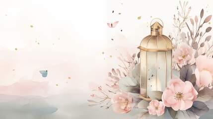 Ramadan kareem and eid fitr islamic concept background lantern illustration in watercolor painting style for wallpaper, poster, greeting card and flyer. Wedding invitation style.