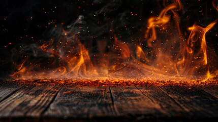 Wooden table with fire burning