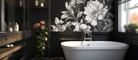 A white bath tub sits next to a window in a small black and white bathroom, with flowers adding a touch of color to the scene.
