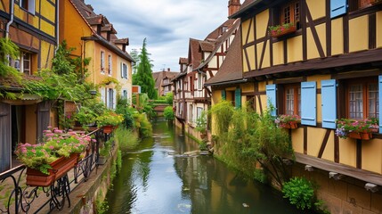 Fototapeta na wymiar France. Small waterway and classic half-timbered homes.