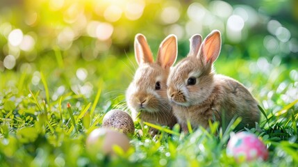 Naklejka premium Image of cute, fluffy little bunny and easter eggs in a basket on a spring meadow.