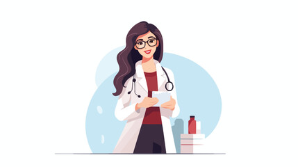 Female doctor with stethoscope and bottle of drugs. Flat vector illustration.