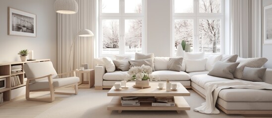 This living room is designed in a Scandinavian style, with an abundance of white furniture. The room is filled with various pieces such as a sofa, chairs, a coffee table, and shelves.