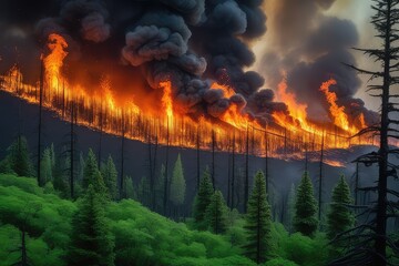 Aerial photography of a raging forest fire in a mountainous region - obrazy, fototapety, plakaty