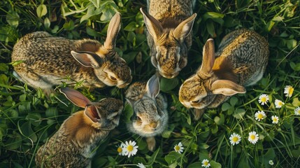 Wild Rabbits or bunnies with big ears on a fresh green meadow.