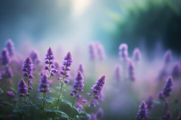 Foggy morning on a violet wildflowers meadow. Close-up of blooming purple lavender flowers at sunrise with milk smoke. Spring and summer mist natural scenery background with copy space, nature.