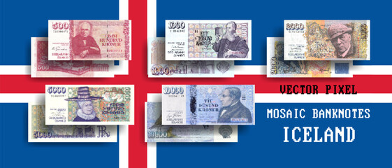 Vector set of pixel mosaic banknotes of Iceland. Collection of notes in denominations of 500, 1000, 2000, 5000 and 10000 krone. Play money or flyers. - obrazy, fototapety, plakaty