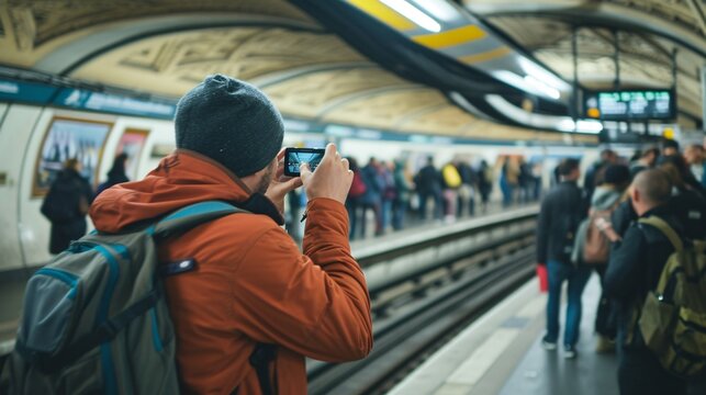 Tourists in Paris, France snapping photos at metro platform.