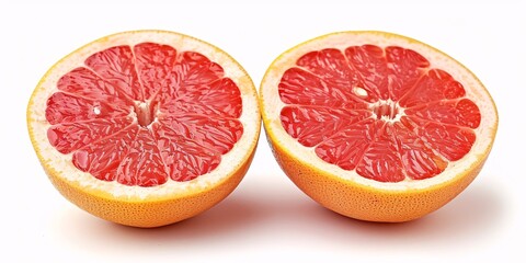 Two Juicy halves of rosy grapefruit fruit separated on blank backdrop.