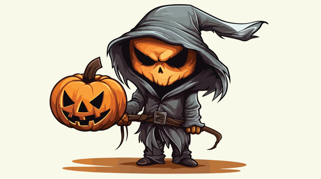 Grim Reaper Pumpkin Head Cartoon Character With Scythe.